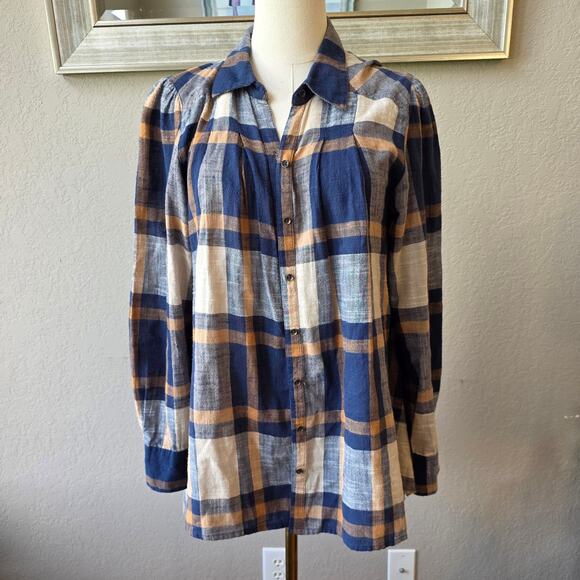 Free People Women's Preppy Plaid Flannel Ruffle Button Up Tunic Top Size M Multi - Picture 2 of 6